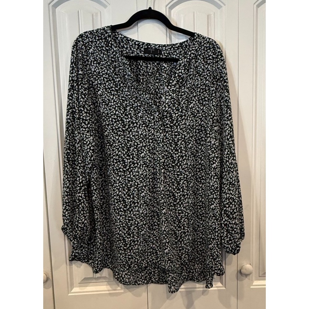 Tahari Women's Blouse Black White Long Sleeve Flowy Tunic Top Boho 3X